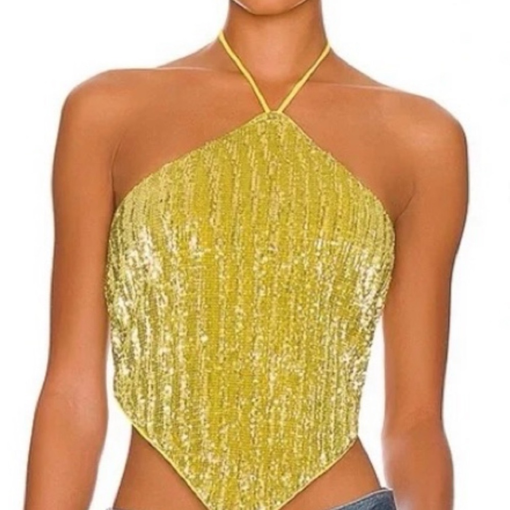 Camila Coelho Yellow Halter Sequin Top